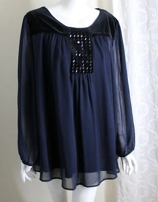 Preciosa Blusa Top Susan Graver Talla 22W 2X Azul Negro Terciopelo Gasa Encaje Cuentas Foto 1 de 4