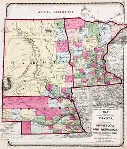 1871 TERRITORY DAKOTA - NEBRASKA - MINNESOTA Map ORIGINAL (16X14) - Picture 1 of 8