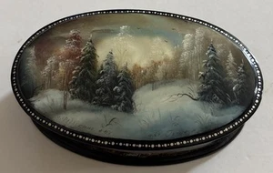 4.5” Fedoskino Signed Vintage Russian Lacquer Box Hand Painted Winter Landscape - Bild 1 von 8