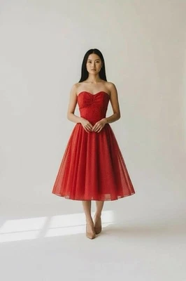 Vestido de festa vintage anos 50 vermelho sem alças ORGANZA chiffon XS - Imagem 1 de 4