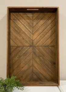 Vtg LG Rectangle Rustic Primitive Wood Chevron Edge Handle Tray 23.5” X 15.75” - Picture 1 of 6