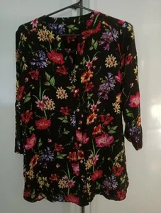 Black Floral Blouse Top Shirt Boho Retro 3/4 Sleeve Size 12 To 14 - Picture 1 of 7