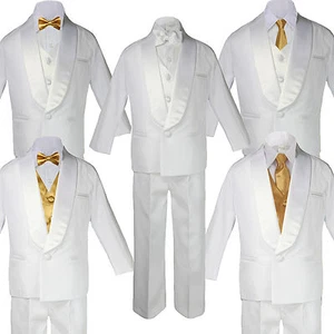 Baby White Satin Shawl Lapel Suits Tuxedo GOLD Satin Bow Necktie Vest Set - Picture 1 of 7
