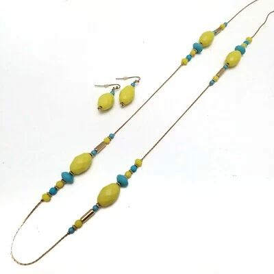 Charming Charlie Gold Necklace 33" w/ Matching Earrings Bead Yellow & Turquoise  - Image 1 of 4