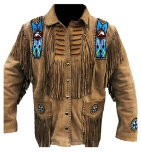 Chaqueta de Cuero de Gamuza Nativa Americana con Flecos y Cuentas Vaquero Chaqueta Occidental para Hombre - Imagen 1 de 6