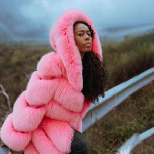 Pink Real Fox Fur Coats Luxury Mid-length Jacket Winter Hooded Warm Overcoat New - Picture 1 of 3