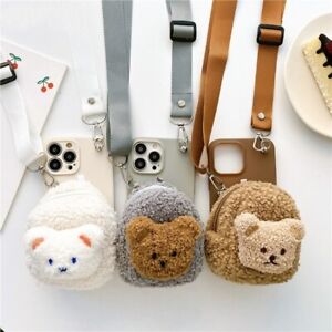 For iPhone 14 13 Pro Max Case 3D Teddy Bear Wallet Lanyard Soft Plush Back Cover