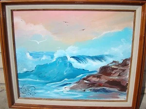 Seascape Waves Crashing on Rocks Painting Patricia Holcomb ISMP Acrylic Canvas - Picture 1 of 7