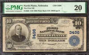 1902 $10 FIRST NATIONAL BANKNOTE CURRENCY NORTH PLATTE NEBRASKA PMG 20 VF (059) - Picture 1 of 2