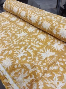 Indian Handmade Kantha Quilt Hand Block Print King Size Yellow Bedspread Blanket - Picture 1 of 13