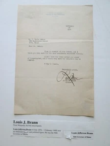 ONE (1) 1934 LOUIS J. BRANN SIGNATURE, 56th GOVERNOR OF MAINE as seen in pics - Picture 1 of 5
