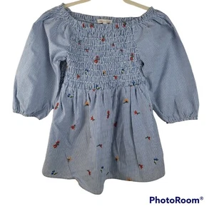 NWOT Grand & Greene Womens EMBROIDERED Smocked Short Sleeve  Blouse Blue M - Picture 1 of 6