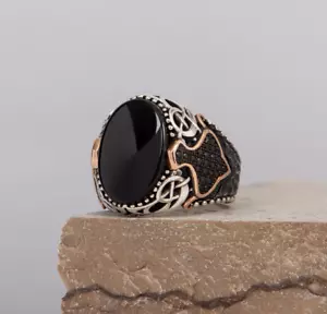 Men's Ring 925K Sterling Silver Turkish Handmade Jewelry Onyx Stone All Size 020 - Picture 1 of 4