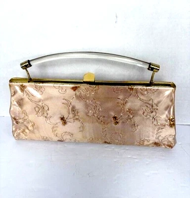 Harry Levine HL 1950s Clutch Purse Gold Embroidered Hide Away Lucite Handle VTG - Image 1 of 4