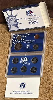 1999-S - U.S. Mint Proof 9 Coin Set Includes 5 State Quarters - COA & OGP - Image 1 of 4