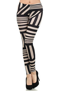 Womens New Fashion Multi Stripe Leggings Pants Taupe or White S~M~L