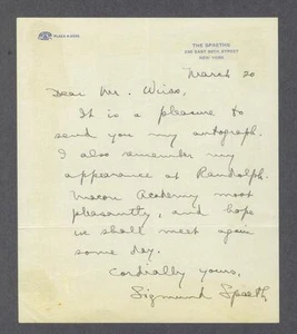 Sigmund Spaeth carta vintage escrita a mano y firmada 1885-1965 - Imagen 1 de 1