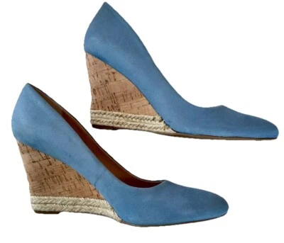 FRANCO SARTO Cuña de Cuero Calix Azul 3 1/2" Acento Corcho y Yute Talla 9M NUEVO Foto 1 de 4