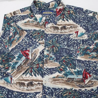 Reyn Spooner Shirt Mens Large Island Palm Hawaiian sailboat Short Sleeve Cotton - Image 1 of 4