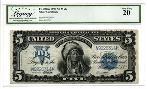 Fr. 280m 1899 $5 Mule Silver Certificate Note LEGACY Very Fine 20 - Picture 1 of 2