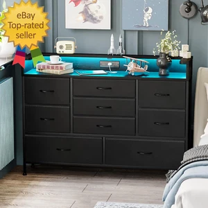 Black LED Dresser, Dresser with 9 Drawers and Charging Station, Fabric Chest of - Picture 1 of 12