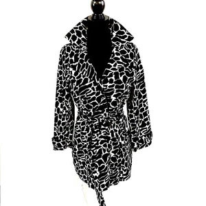 LUII Size L Animal Print Short Trench Coat Black and White Belted Pockets Lined - Picture 1 of 14