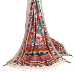 Sushila Vintage Multi-Color Floral Dupatta Printed Pure Woolen Shawl Long Stole - Picture 1 of 9