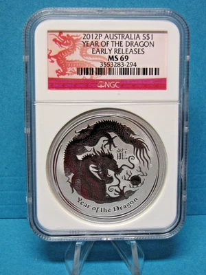 Australia 2012 Year of Dragon $1 Pure 1 Oz Silver BU Coin NGC MS69 Early Release - Image 1 of 2