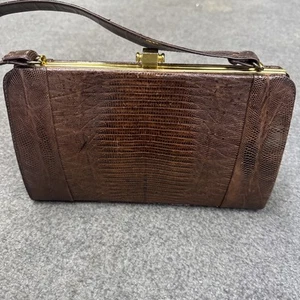 Vtg Alligator Purse, Lizard Skin Brown, Gold Tone Clasp, Handbag Purse Bag - Picture 1 of 4
