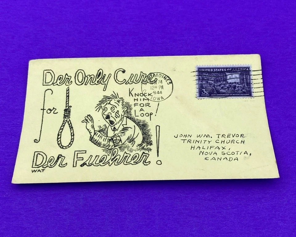 Cubierta anti-Hitler WAT de la Segunda Guerra Mundial con sello de película - 1944 Iowa a Canadá propaganda Foto 1 de 2