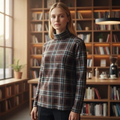 d & co. denim + company Turtle Neck Top Sz L Plaid Shirt Dark Academia Career - Image 1 of 4