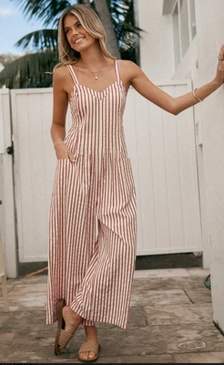 Nuevo con etiquetas Mono Cupshe Pierna Ancha Para Mujer Talla Mediana Beige Sin Mangas Cuello en V Elastizado Foto 1 de 4