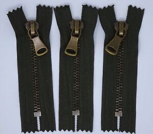 Army Green 7mm Close-End Zipper, Antique Brass Teeth, 4" - 2 zippers