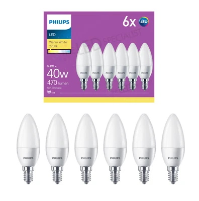 Philips 5.5W LED Candle E14 Light Bulbs 40W Replacement Warm White Pack of 6 - Image 1 of 4