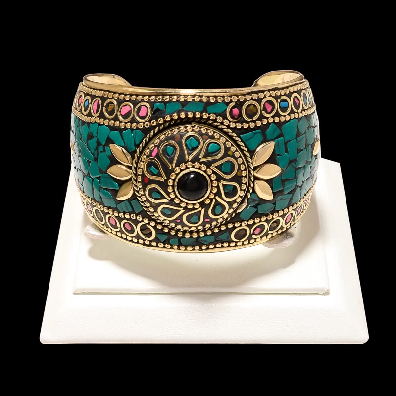 Turquoise, Onyx & Red Coral Gemstone Tibatan Antique Handmade Style Bangle Cuff - Image 1 of 1