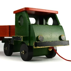 ROMANIA Vintage Wood Toy Truck Green Red Blocks Flatbed Tractor Trailer Wooden  - Picture 1 of 11