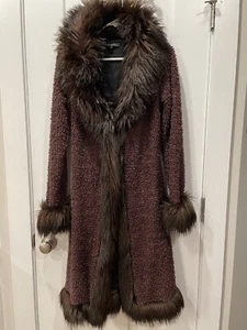 VTG 90s Y2K Betsey Johnson Faux Fur Brown Duster Coat MEDIUM Penny Lane - Picture 1 of 10