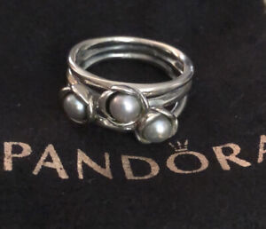Genuine Pandora Three Wishes 3 Grey Pearl Sterling Silver Ring Rare HTF Sz 58/8