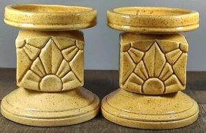Unique Stoneware Pillar Candle Holder 4" Tall Pair Marked Signed H.E  - Picture 1 of 6