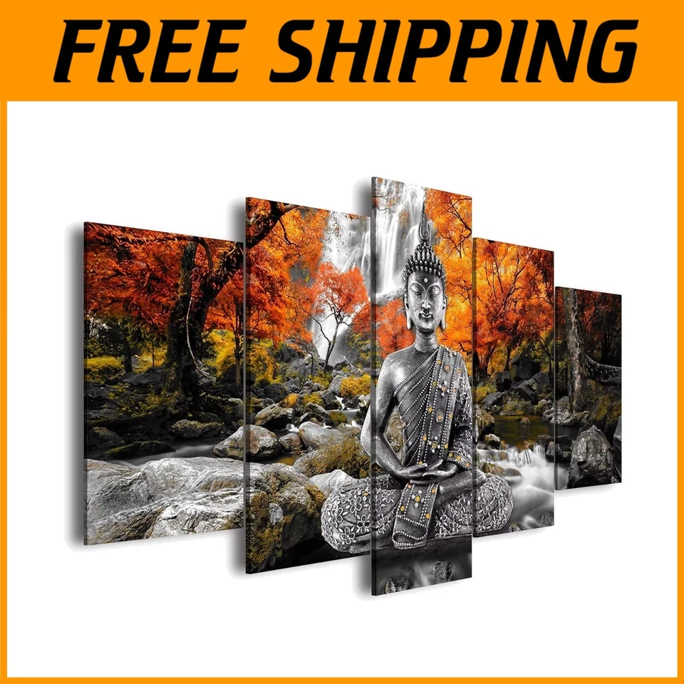 Arte de pared de Buda enmarcado de 5 paneles - Decoración de paisaje Zen 40"x20" Foto 1 de 4
