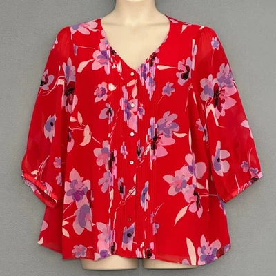 Calvin Klein Womens Top Plus 1X Red Floral Chiffon Pintuck Tunic Retro Boho - Image 1 of 4