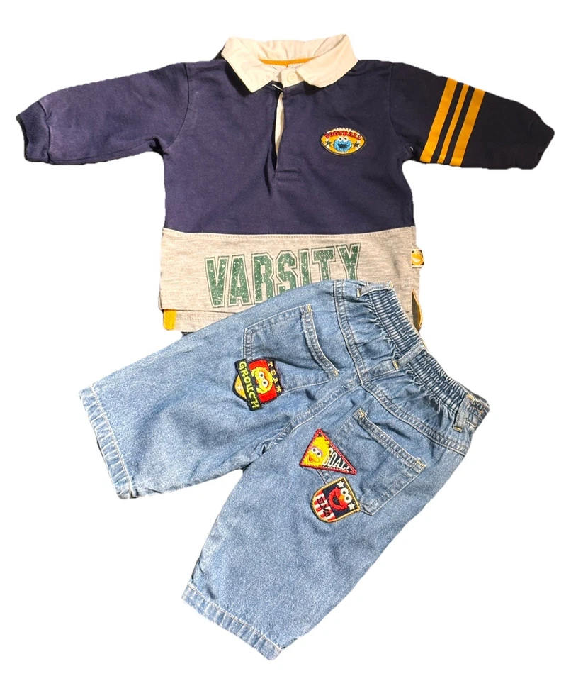 Vintage Sesame Street Rugby Shirt/Jeans Outfit 3-6 Months 1990s Sports  - Image 1 of 4