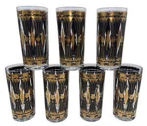 Vtg Set 7 Culver Black Gold Highball Glasses Tumbler MCM Curtain Diamond RARE - Picture 1 of 22