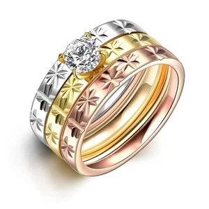 Stainless Steel Band Wedding Set Ring  Rose Gold Plated  Zirconia Women B435 - Picture 1 of 6