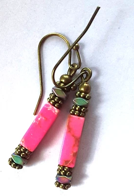 Pendiente ROSA JASPE Cristal Hematita BRONCE Gancho Francés Hecho a Mano XGE Foto 1 de 4