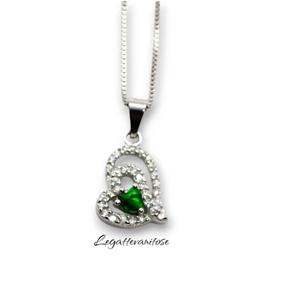 Ciondolo cuore in argento 925/1000 con zirconi verde +catenina omaggio . - Immagine 1 di 4