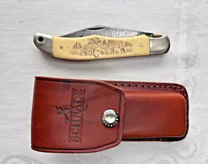 Vintage Schrade USA-Made Scrimshaw Two Moose SC500 Folding Knife w/ Sheath - Picture 1 of 13