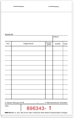 RNK VERLAG 10 x RNK Kassenzettel 2 x 50 Blatt 96 x 167 mm 1-farbig mit Nummerierung 2952
