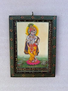Vecchia foto Krishna con cornice dipinta a mano, cornice da appendere a parete - 9 x 12" - Foto 1 di 10