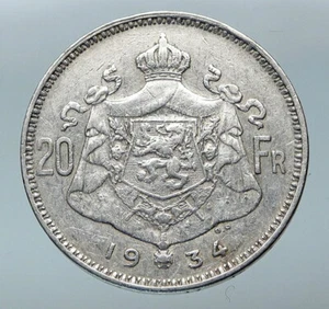 Moneda antigua de 20 francos de plata genuina corona rey Alberto I de Bélgica 1934 i85292 - Imagen 1 de 3